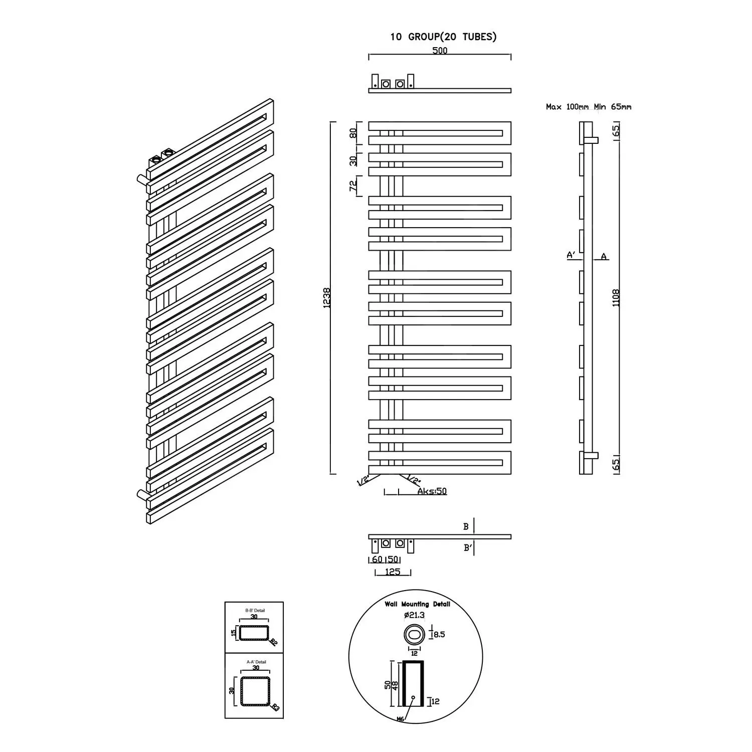 Sapho Volga - Scaldasalviette 500x1238 Mm, 311 W, Acciaio Inox Spazzolato NR512 4 Sapho Volga - Scaldasalviette 500x1238 Mm, 311 W, Acciaio Inox Spazzolato NR512 - immagine 2