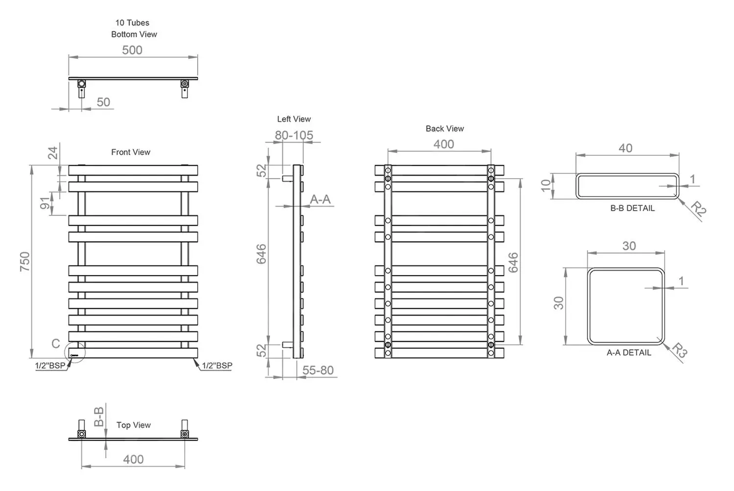 Sapho Truva - Scaldasalviette 500x750 Mm, 247 W, Acciaio Inox Spazzolato NR311 4 Sapho Truva - Scaldasalviette 500x750 Mm, 247 W, Acciaio Inox Spazzolato NR311 - immagine 2